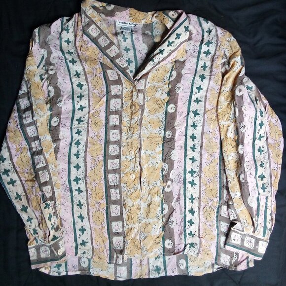 Vintage Nora Noh Geometric Stripes Pattern Silk Button Shirt - Picture 2 of 5